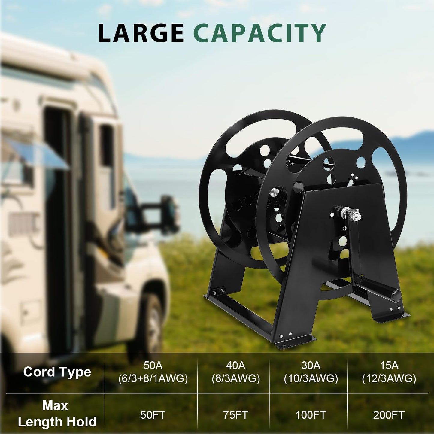 RV Extension Cord Storage Reel, Mountable Metal Reel Frame Holds Up To 200 Feet Of 15A (12/3 AWG), Power Cord Reel with Durable Bearings ? Foldable
