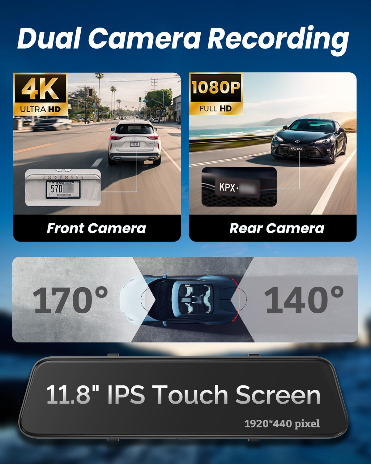 4K Rear View Mirror Camera with Carplay&Android Auto 12" Mirror Dash Cam