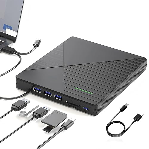 External CD DVD Drive for Laptop Mac with 3 USB Ports and 2 TF/SD Card Slots,USB 3.0 & USB-C CD DVD Optical Disc Reader Burner Player for MacBook Pro