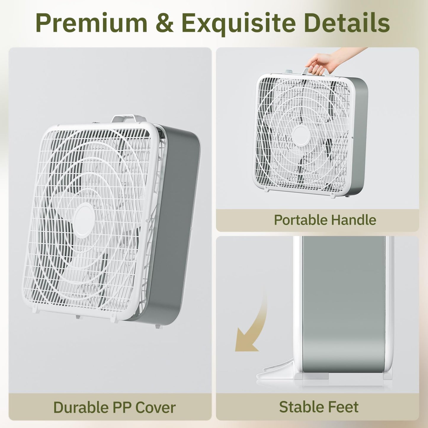 Simple Deluxe 20” Box Floor Fan, 3-Speed Cooling Fan with Aerodynamic Shaped Fan Blades, Convenient Carry Handle and Safety Grills, White