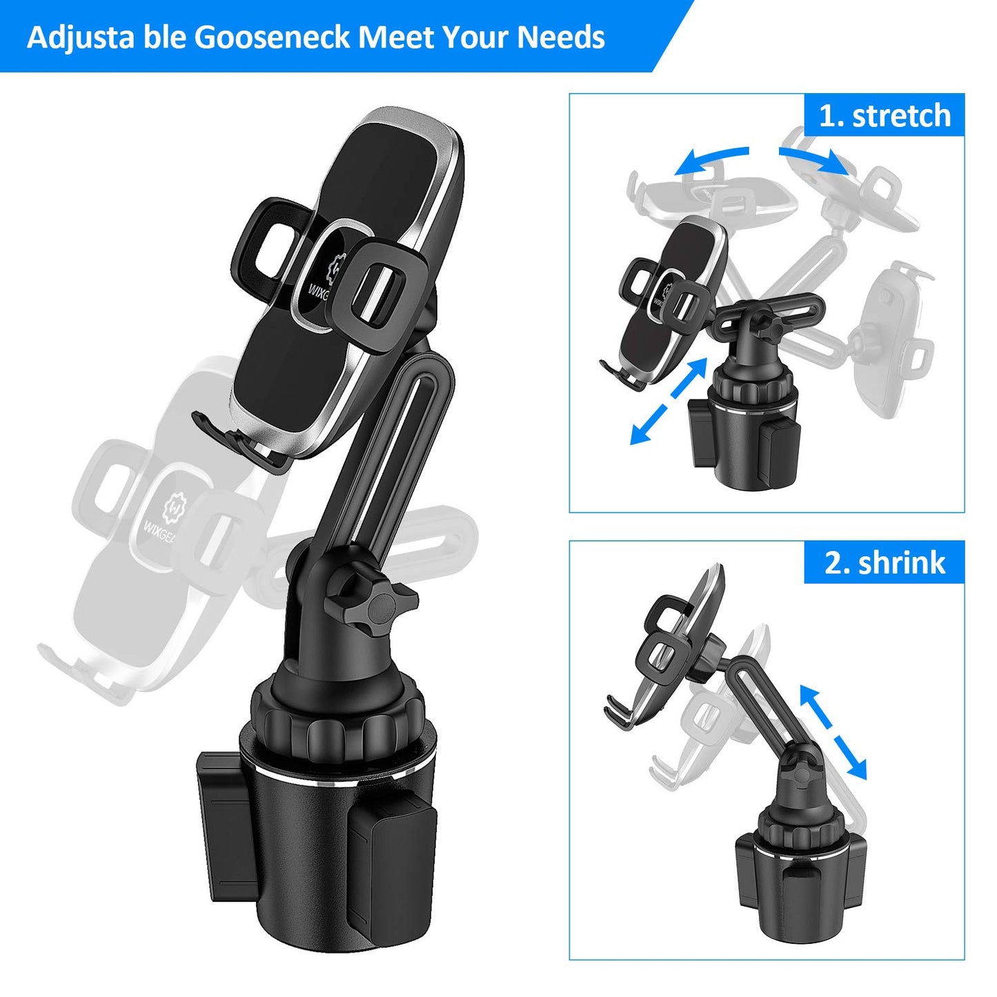 WixGear Cup Holder Phone Mount, Adjustable Long Neck Cellphone Holder for Car, Upgraded Version, Cup Phone Holder for Car with Expandable Side Arms