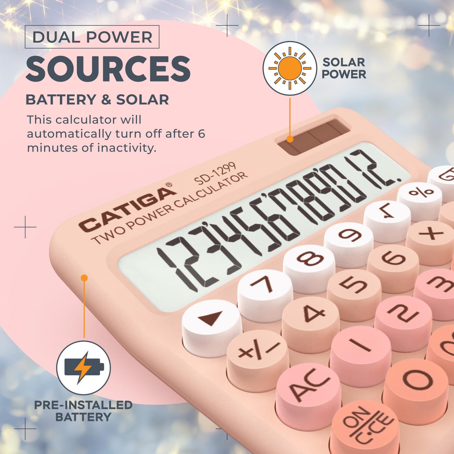 CATIGA Mechanical Switch Calculator with Solar and Battery Dual Power, 12-Digit Large LCD Display, Aesthetic and Cute Desktop Calculator with Big