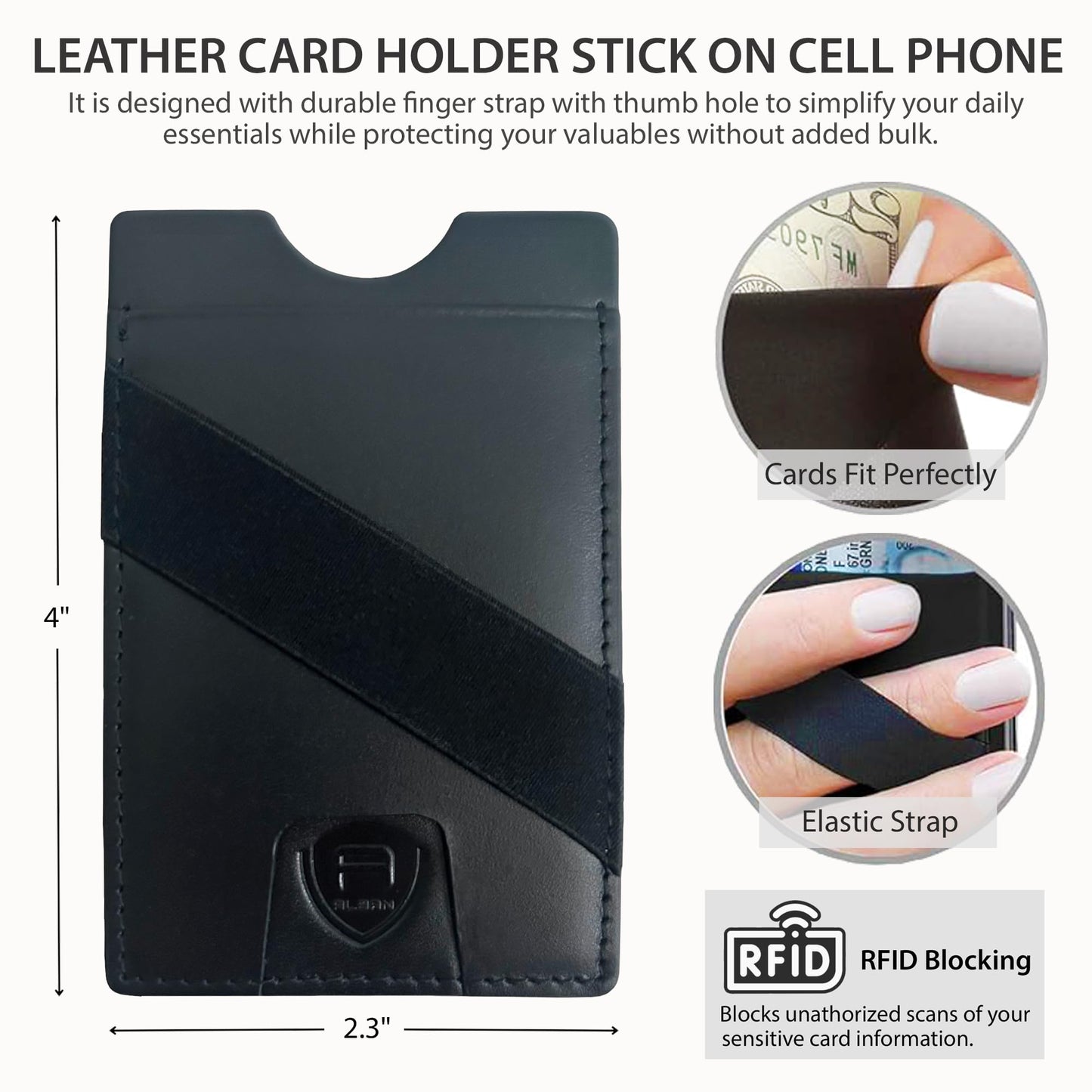Alban Leather Stick On Cell Phone Wallet with Finger Strap, Phone Pocket Case for Credit Card, ID, Cash - Strong Adhesive, RFID Blocking, Compatible