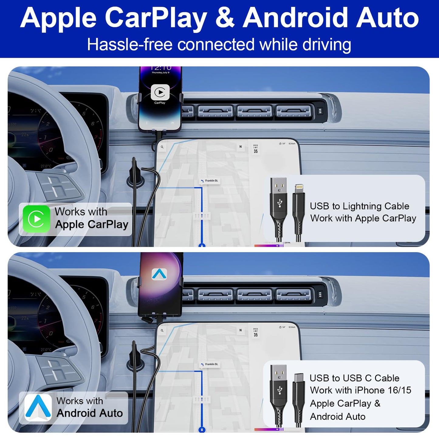 USB to USB-C and Lightning Cable Combo 6FT, 2 in 1 Nylon Braided iPhone Charger Cable Apple Carplay & Android Auto, [MFi & 3A Fast Charge] Multi…