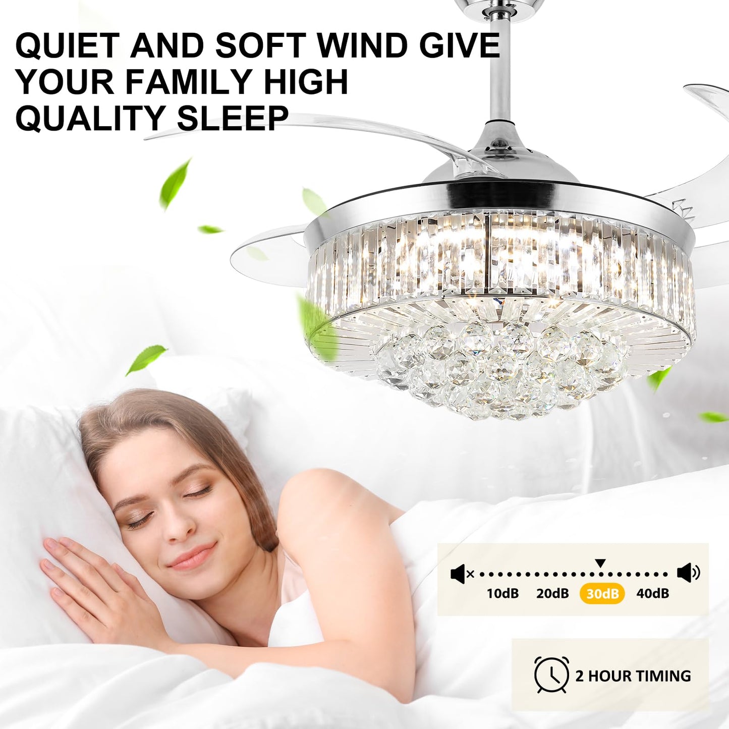 Bavnnro 42'' Fandelier Ceiling Fans with Light, Silver Retractable Crystal Chandelier Fan, Reversible, Remote Control, Dimmable Ceiling Light Kits