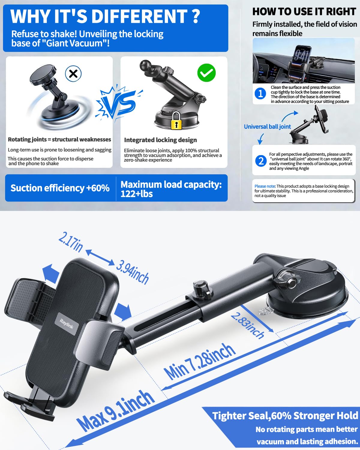 NO.1 Best?Fixed Integrated 122lb?Military-Grade Car Phone Holders Windshield Dashboard Vent?Upgraded Suction & Clip?Cell Phone Mount with Patent