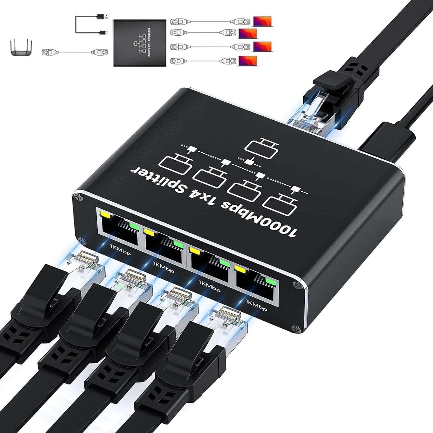 Ethernet Splitter 1 to 4, 1000Mbps High-Speed Internet Splitter, Gigabit RJ45 Port Router Switch, LAN-Splitter, Supporting Simultaneous Networking