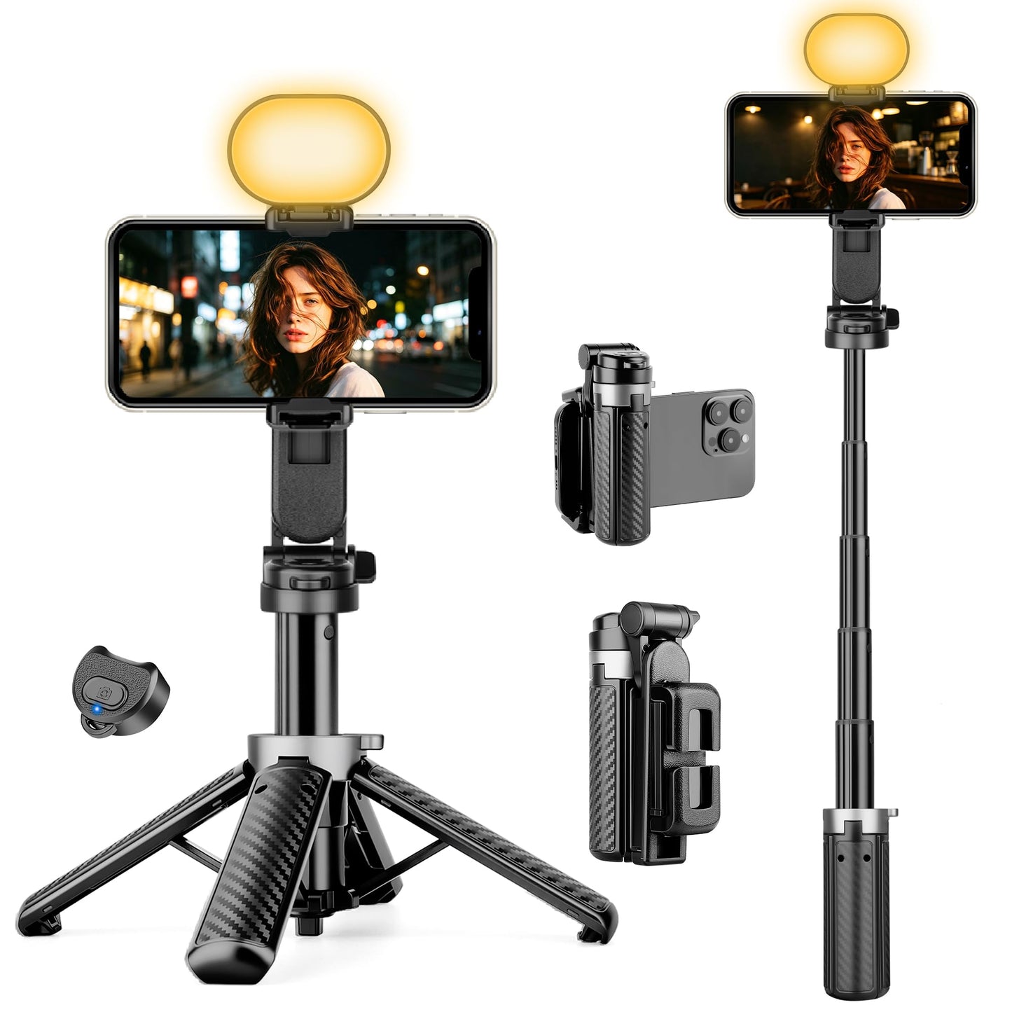 16? Selfie Stick & Desktop Tripod for Phone with Light, 3 Color Modes & 2 Brightness Levels, Portable Phone Stand for Selfie, Vlogging, Makeup, Video