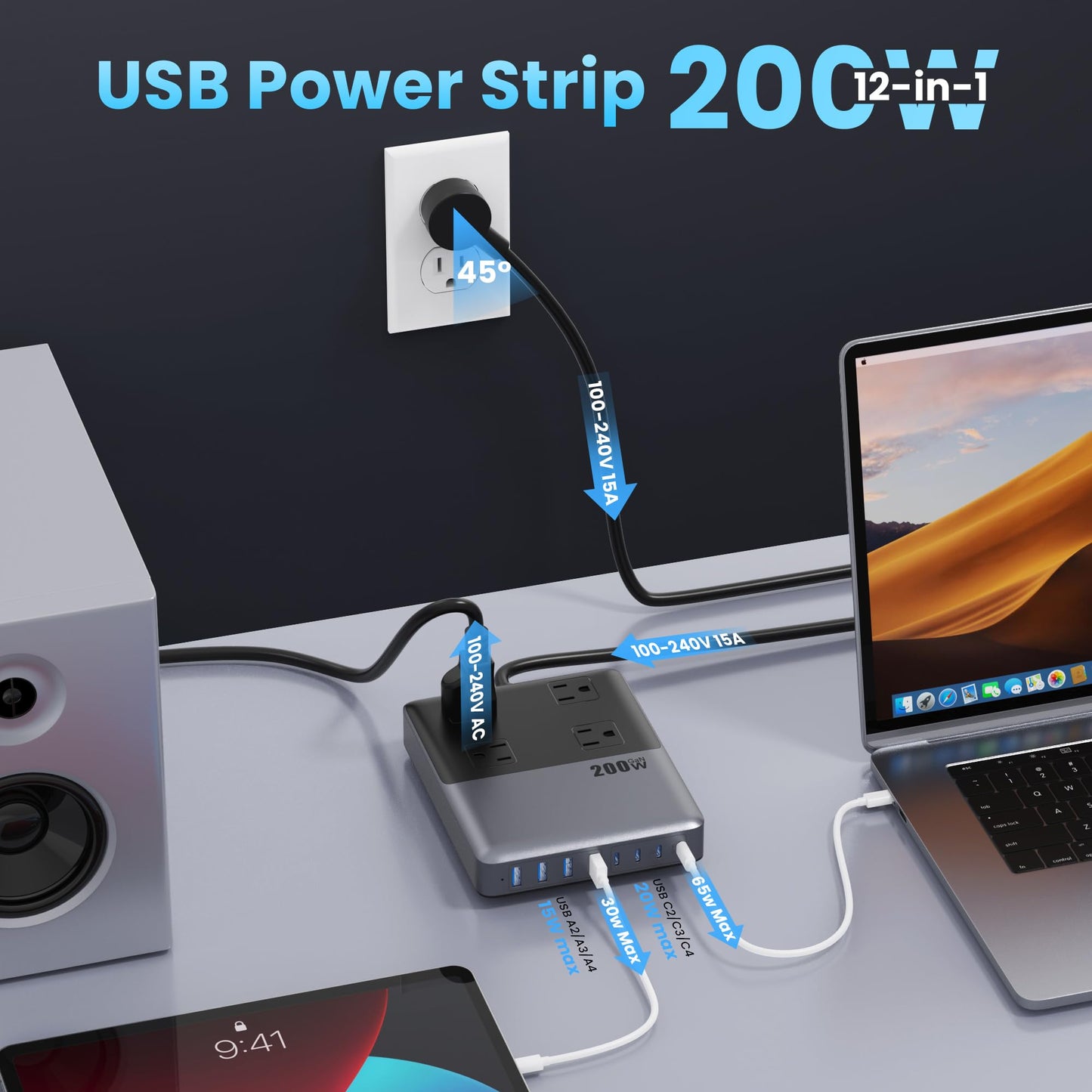 12-in-1 Charging Station USB C Power Strip with 5ft Cord and Plug,200W GaN IV USB C Charger Block,4 AC Outlets,8 USB for MacBook,iPhone 17/16/15,Fast