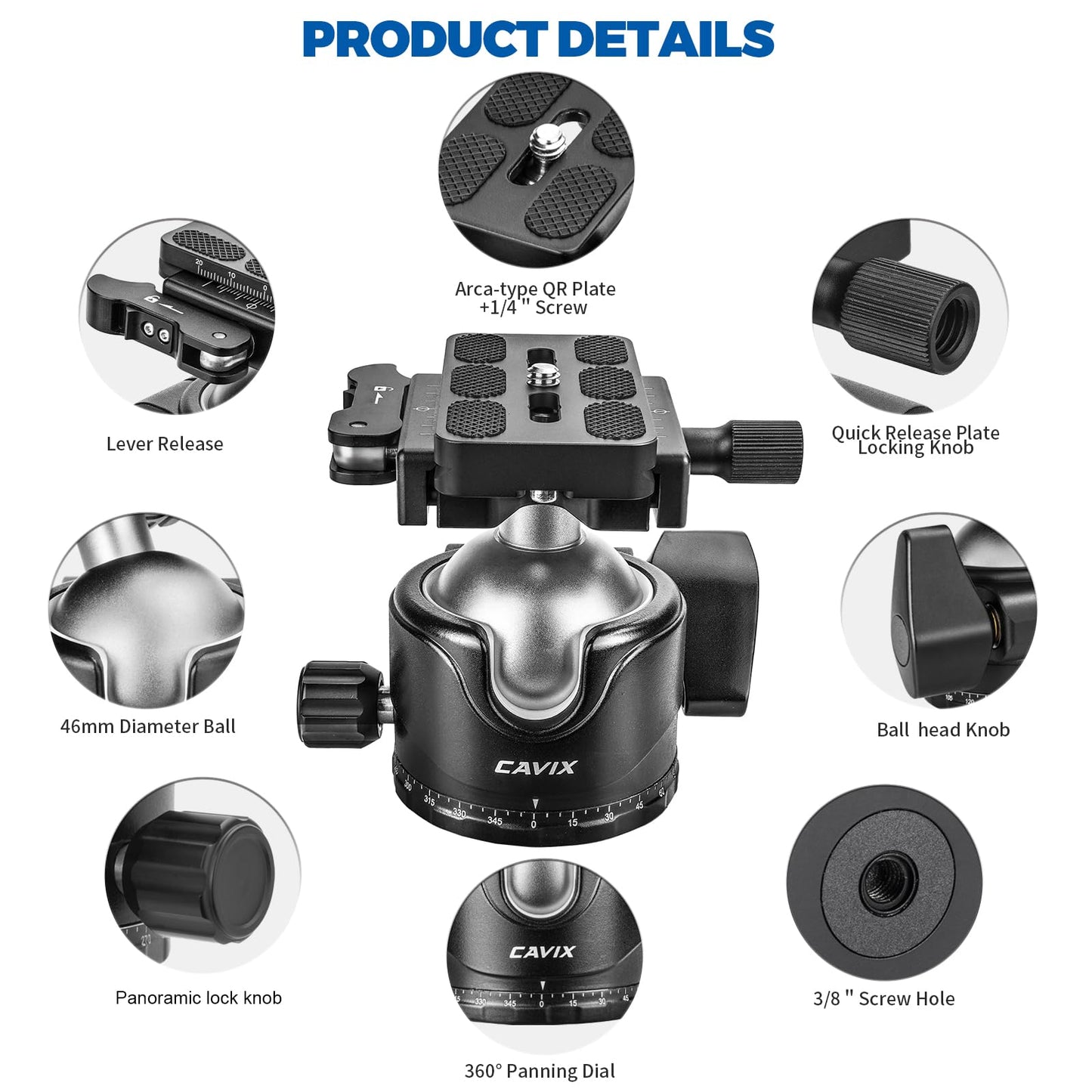 CAVIX Lever Tripod Ball Head, Low Gravity Metal Ball Head Camera Tripod Head 44lbs/20kg Load, Panoramic Ball Head, with 1/4" Arca Swiss Quick Release