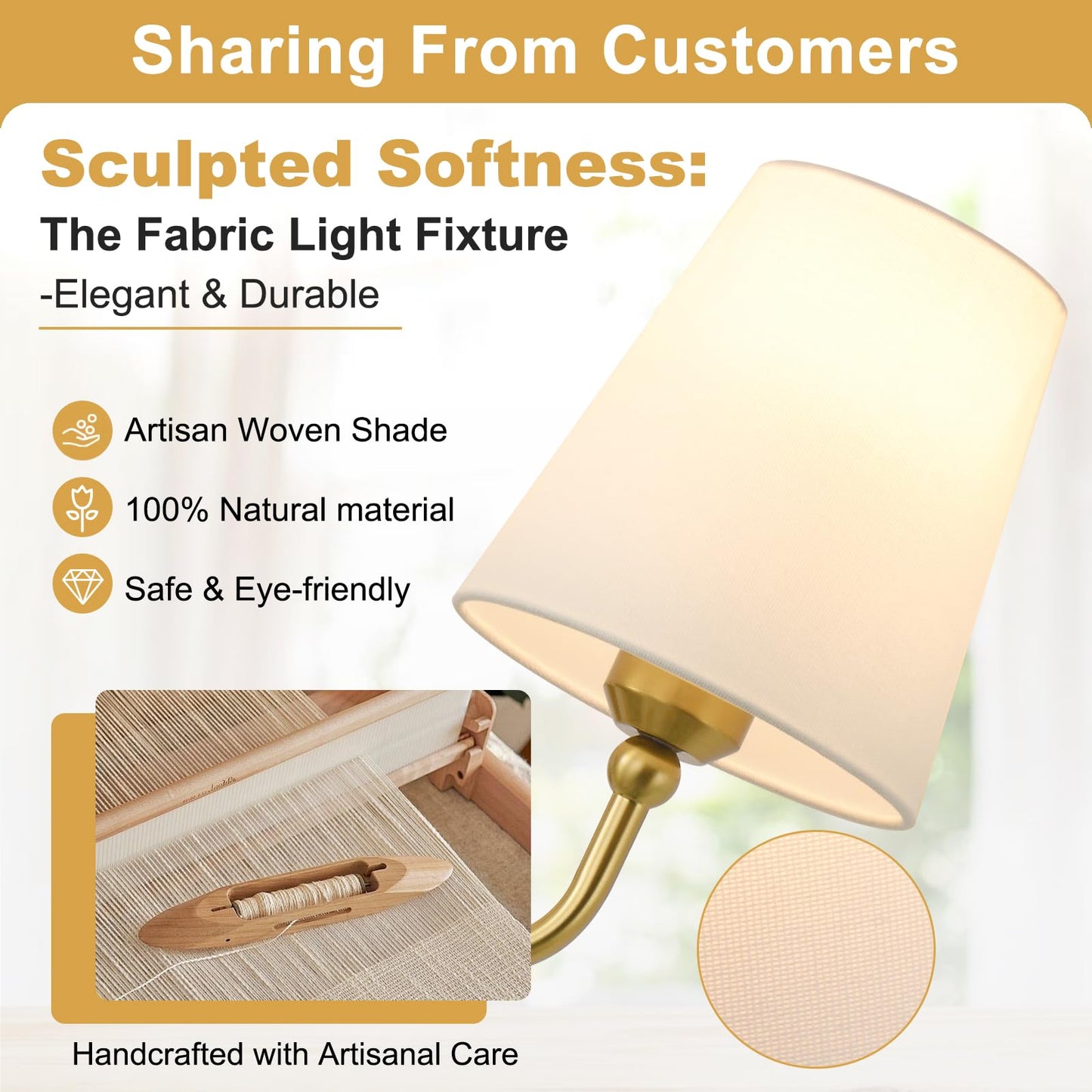 Bathroom Light Fixtures, 3-Light Brushed Gold Vanity Lights, 24.5" Bathroom Lighting Fixtures Over Mirror with White Flared Fabric Shade, Modern Wall