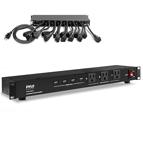 Pyle 19 Outlet 1U 19" Rackmount PDU Power Distribution Supply Center Conditioner Strip Unit Surge Protector 15 Amp Circuit Breaker 4 USB Multi Device