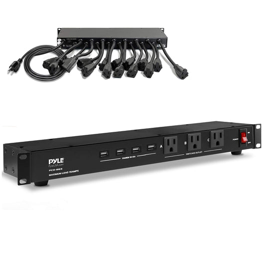 Pyle 19 Outlet 1U 19" Rackmount PDU Power Distribution Supply Center Conditioner Strip Unit Surge Protector 15 Amp Circuit Breaker 4 USB Multi Device
