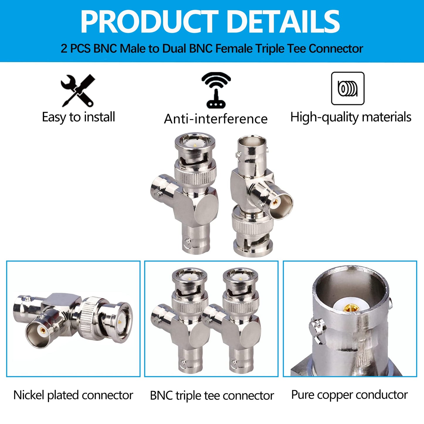 TUOLNK BNC Male to Dual Female Plug T-Shape Triple Tee Connector 3 Way Coax Splitter Adapter for Security Systems/Coaxial Cable/Wireless Devices 2pcs