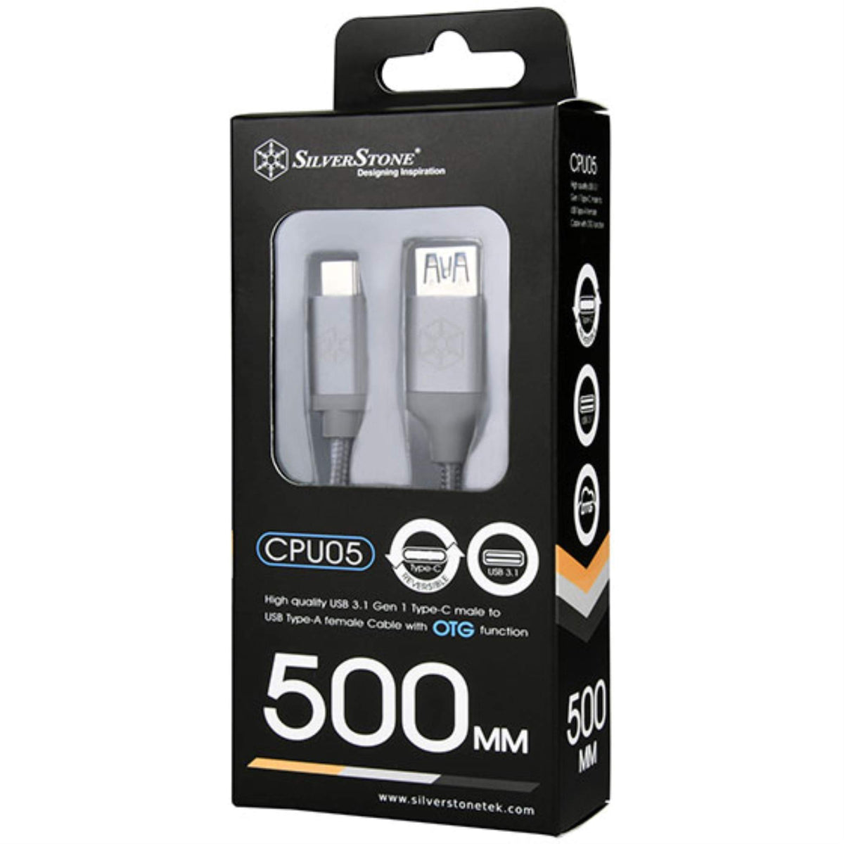 SilverStone Technologies CPU05C-500 0.5 m Reversible USB-C to USB Type-A Female Cable44; Charcoal