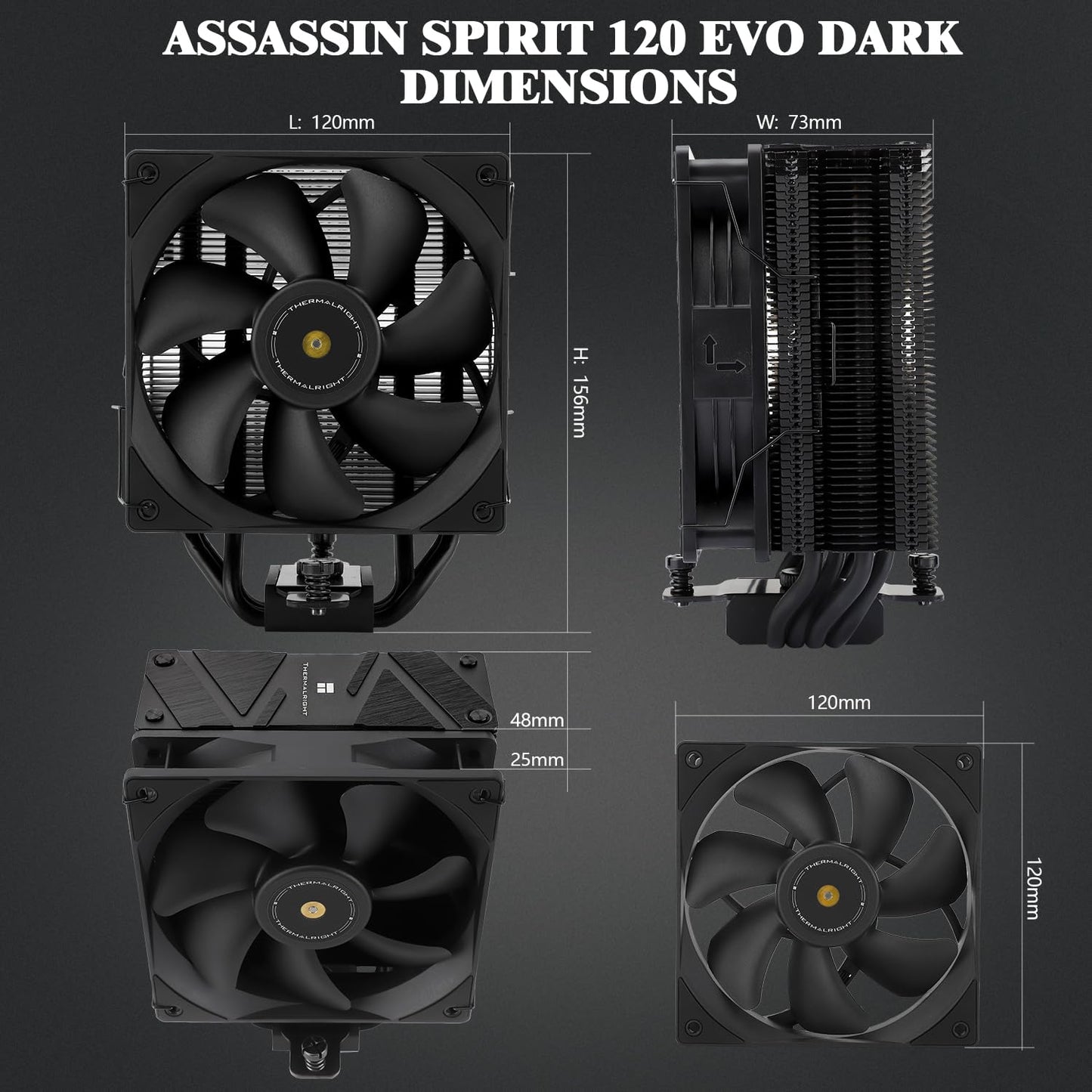 Thermalright Assassin Spirit 120 EVO Dark CPU Air Cooler,1850RPM Speed,4 Heat Pipes, 120mm PWM Quiet Fan CPU Cooler with S-FDB Bearing, for AMD AM4