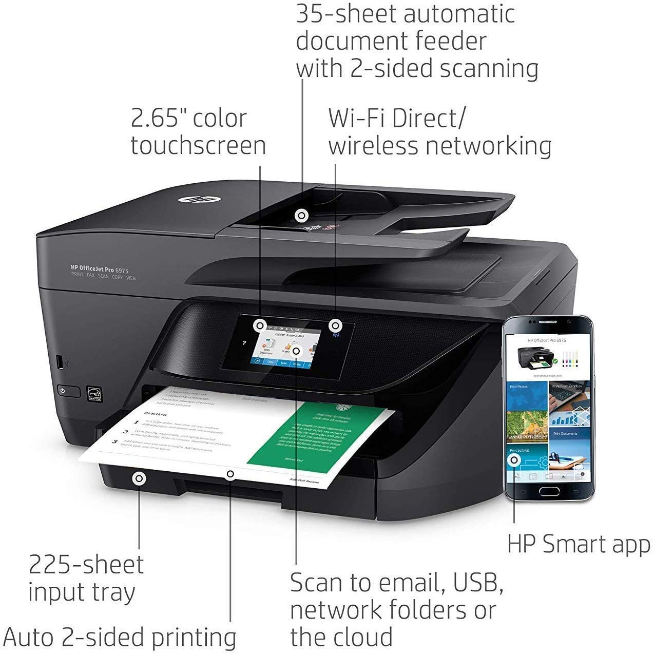 HP OfficeJet Pro 6975 All-in-One Wireless Printer, Double-Sided Print and Scan, Instant Ink, Works with Alexa (J7K36A)