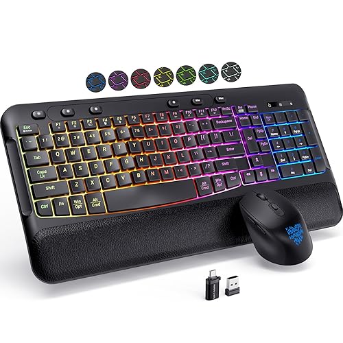COLIKES Wireless Keyboard and Mouse Combo, Ergonomic Wave, 9 RGB Backlit Effects, Leather Wrist Rest, Rechargeable 2.4G USB Silent Set