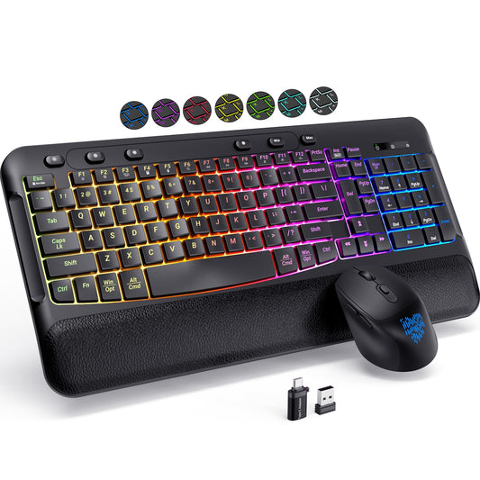 COLIKES Wireless Keyboard and Mouse Combo, Ergonomic Wave, 9 RGB Backlit Effects, Leather Wrist Rest, Rechargeable 2.4G USB Silent Set