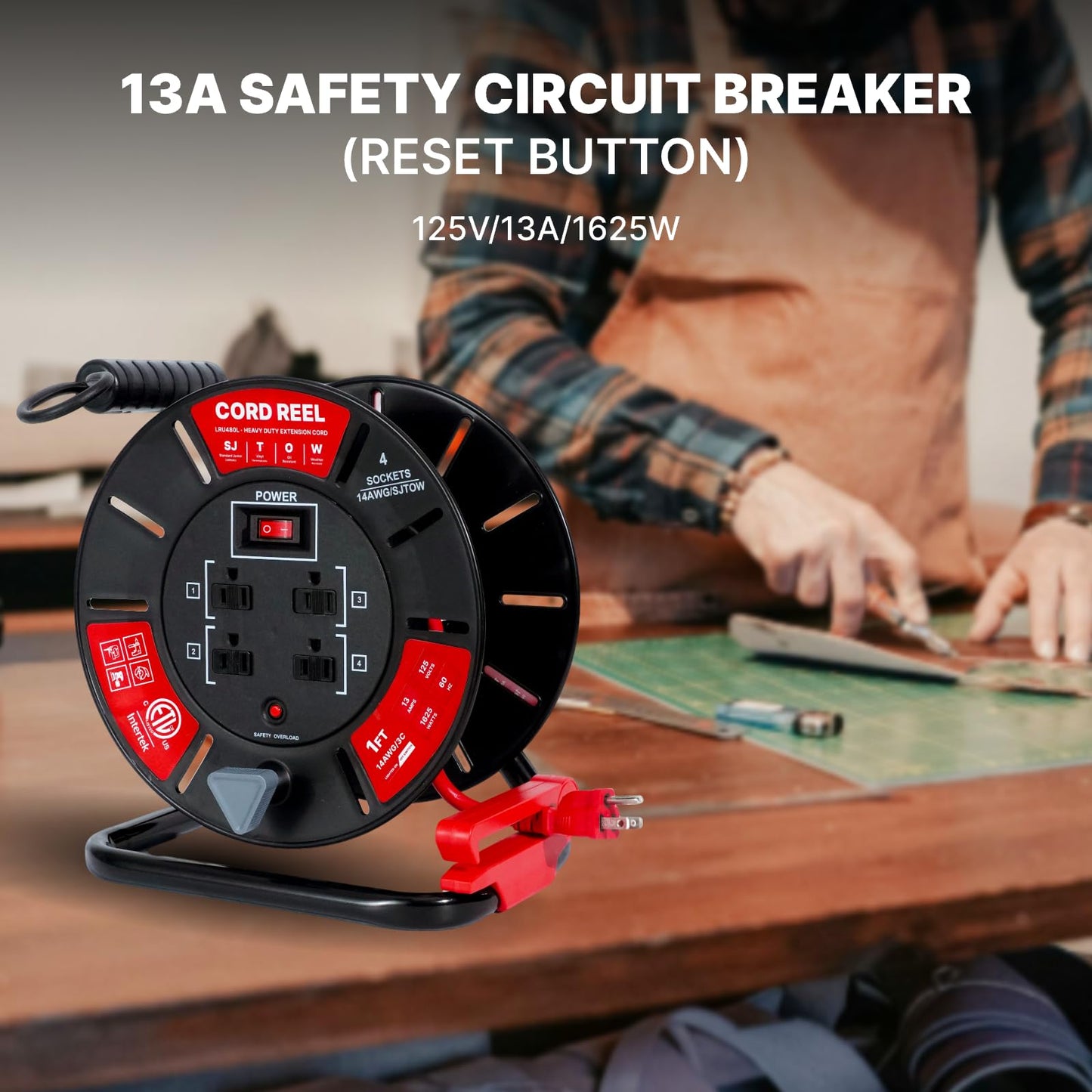 Txecpro 1ft Cord Reel, Retractable Extension Lead with Winding Handle, Safety Overload Circuit Breaker and Power Switch, 4x Grounded Outlets, 13amps