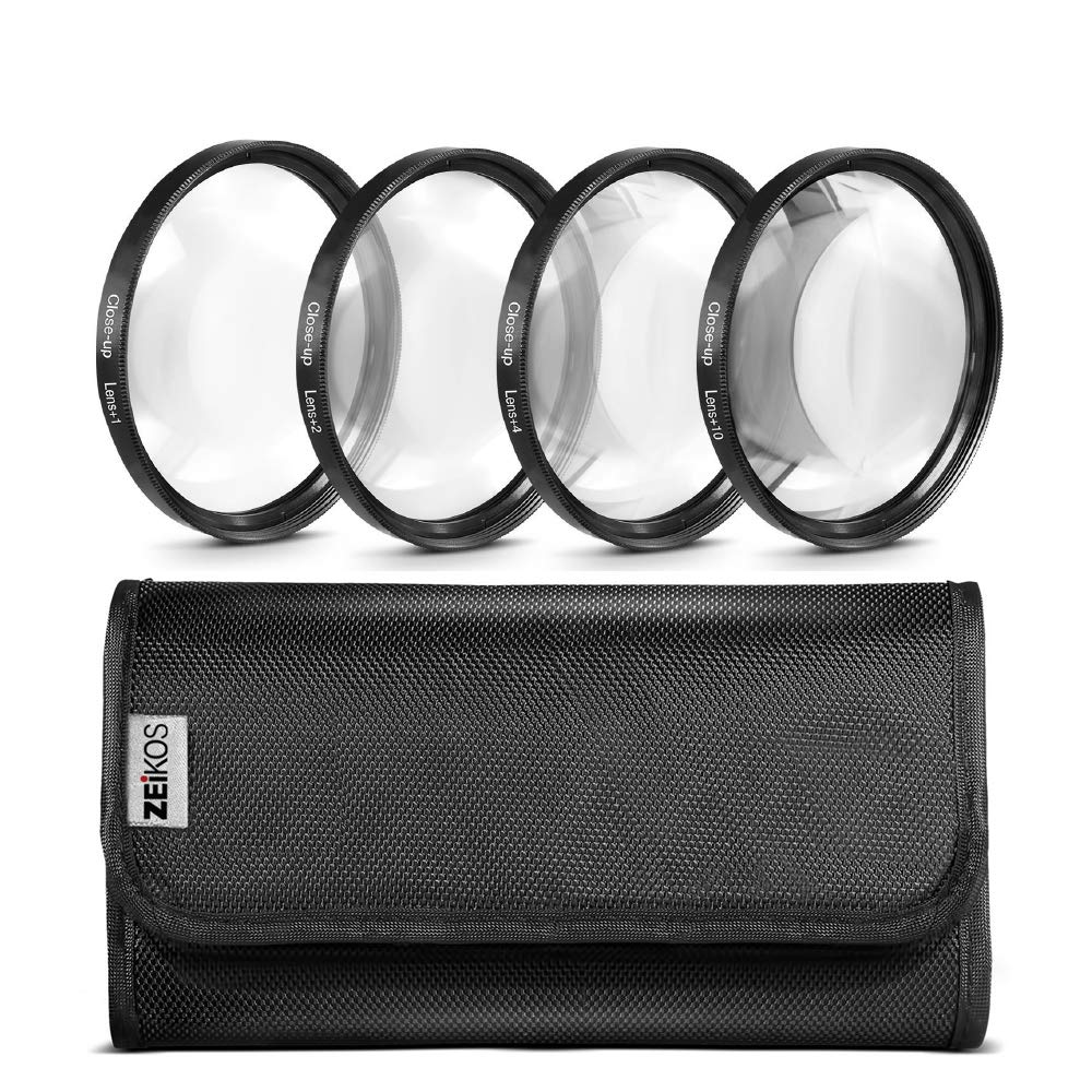 Zeikos 52mm 4 piece high definition Close-Up filter (+1, +2, +4 and +10 Diopters), Metal Rim, Magnification Kit, with Deluxe Case and Miracle Fiber