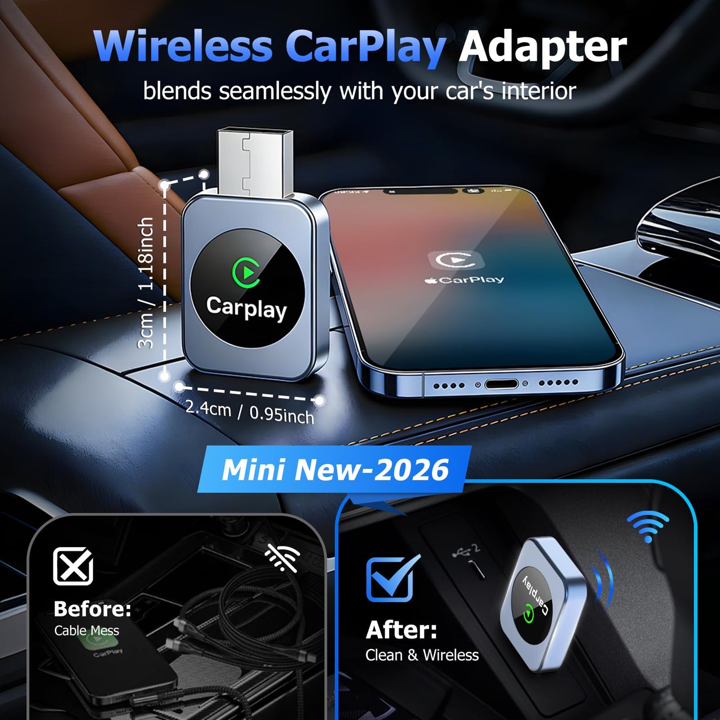 Wireless CarPlay Adapter for iPhone, 2026 Upgraded Carplay Dongle Converts Wired to Wireless, Plug & Play Auto Connect, Mini USB CarPlay Adapter