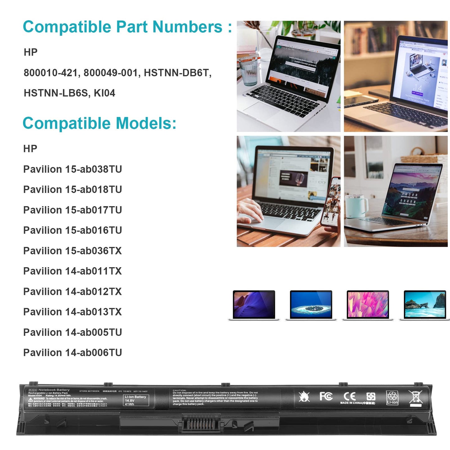 800049-001 KI04 Battery for HP Pavilion15-ab 15-an 17-g 15t-ab100 17t-g100 Series 15-ab143cl 15-ab223cl 15-ab153nr 15-an044nr 14-ab166us 17-ab220nr