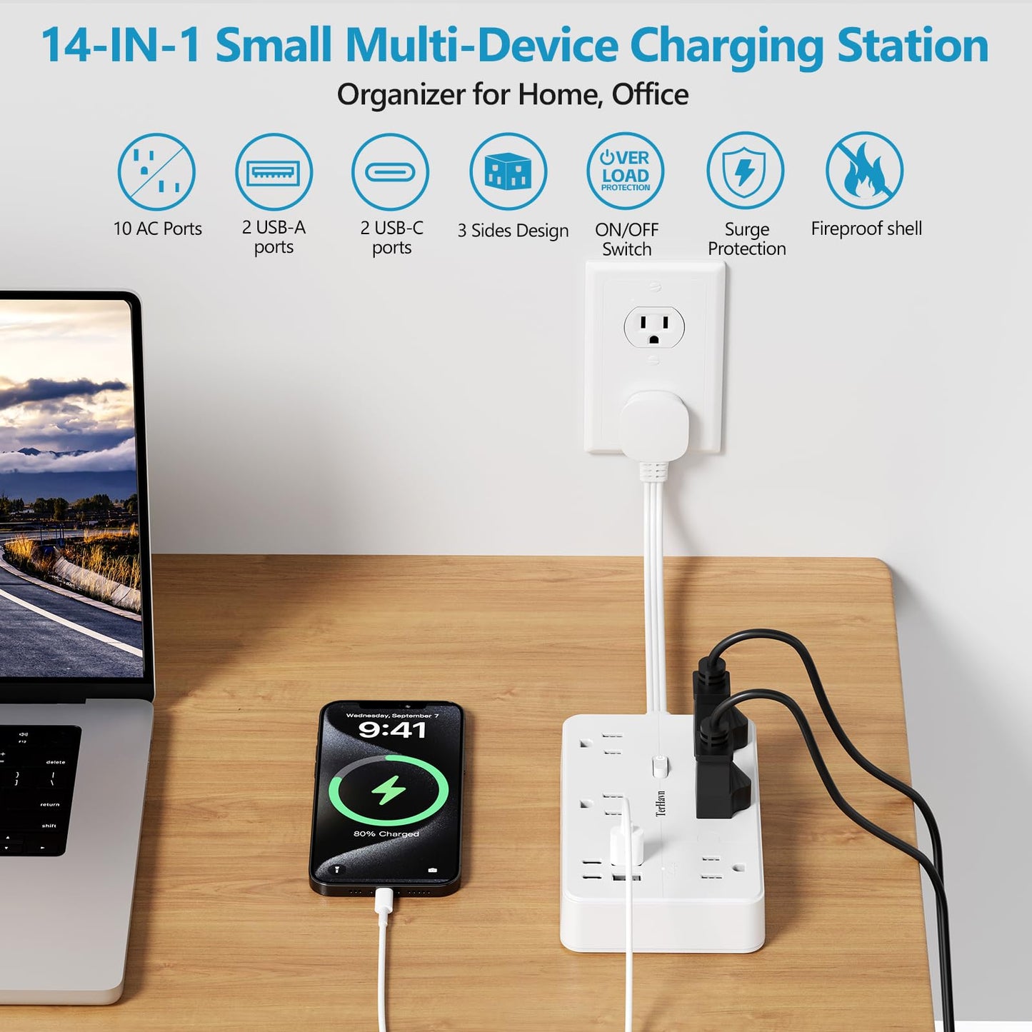 Surge Protector Power Strip 1 FT Flat Extension Cord ?10 AC Outlets & 4 USB Ports(5V/3.4A 17W), 1080J ?Wall Mountable Desktop Charging Station
