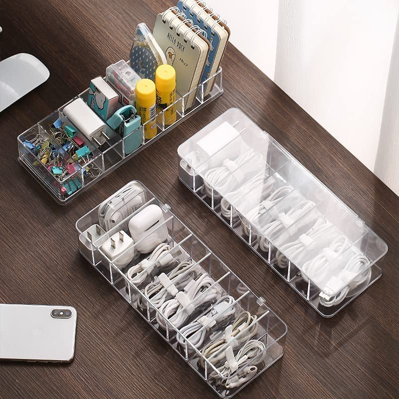 Cable Management Box, White Plastic With 10 Wire Ties, Clear Power Cord Organizer With 8 Compartment (2 Pack)