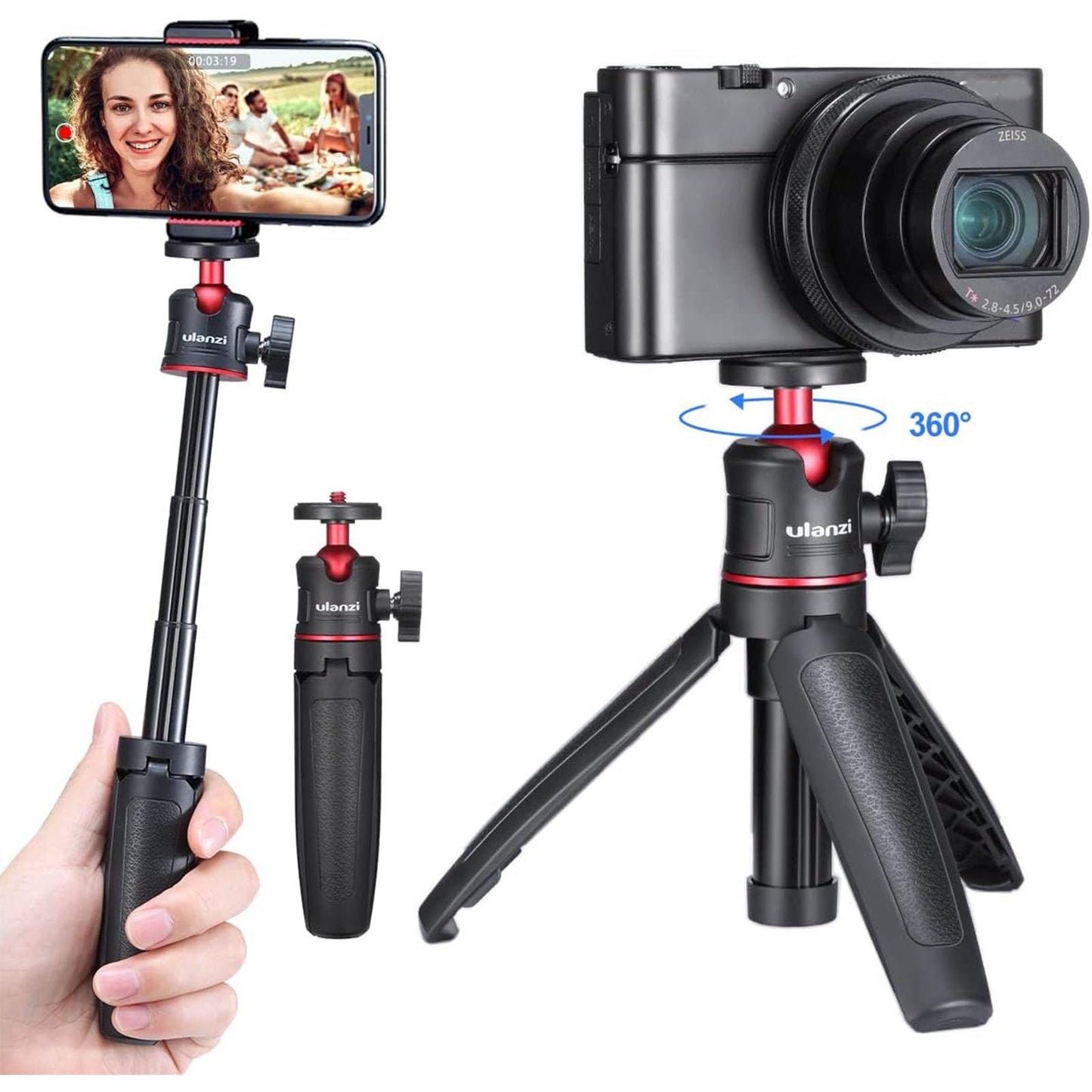 ULANZI MT-08 Extension Pole Tripod, Mini Selfie Stick Tripod Stand Handle Grip f Osmo Pocket3 Xtra Muse iPhone 17 11 Pro Max Smartphone Canon G7X Mark