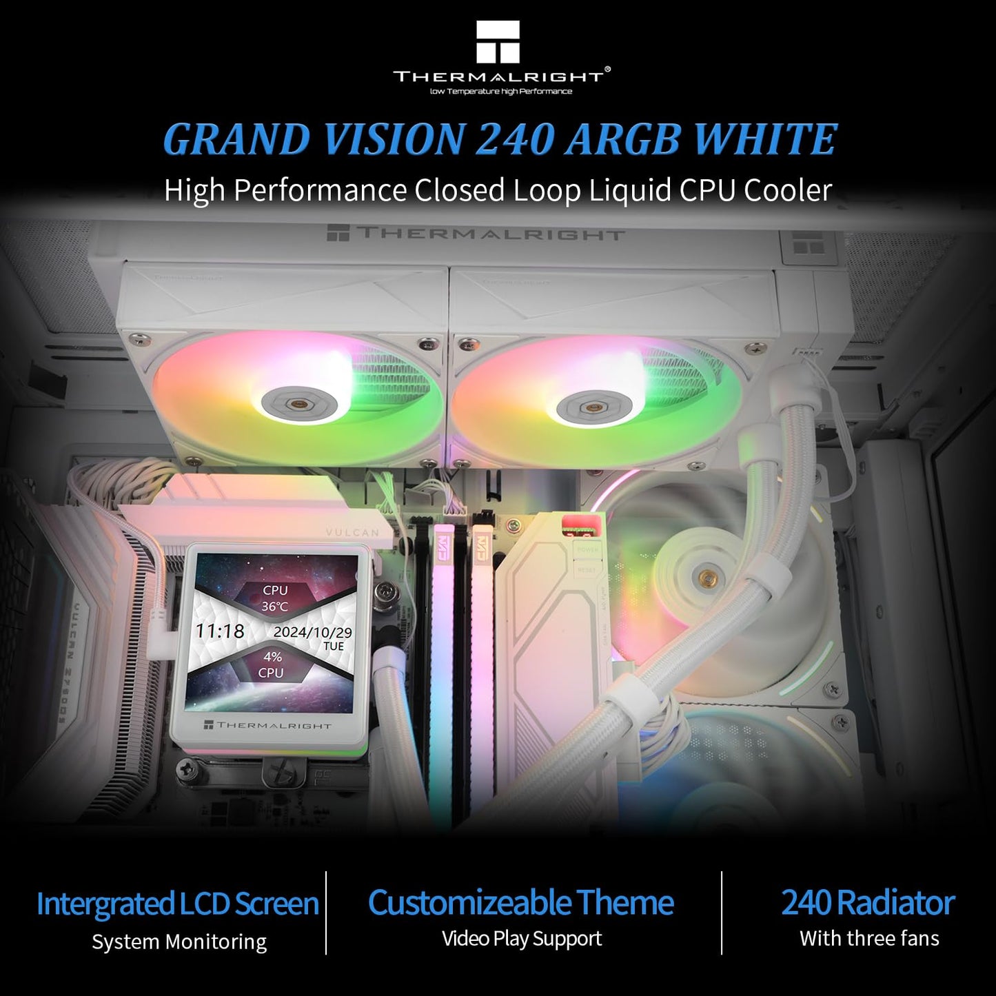Thermalright Grand Vision 240 ARGB White CPU Water Cooler with Double PWM Fans with 2150RPM,IPS LCD Screen with 480x480 Resolution,Liquid CPU Cooler