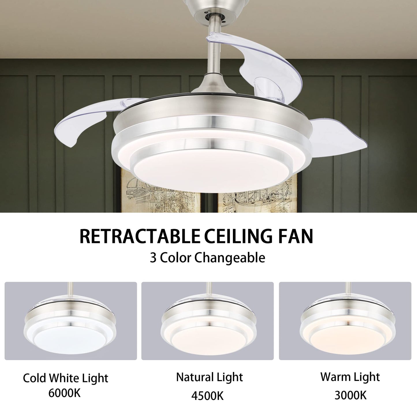 CNCMtiger 36" Retractable Ceiling Fan with Lights Remote Control, Retractable Blade Ceiling Fan 6-Speed 3 Color Changeable, Brush Nickel, for Living