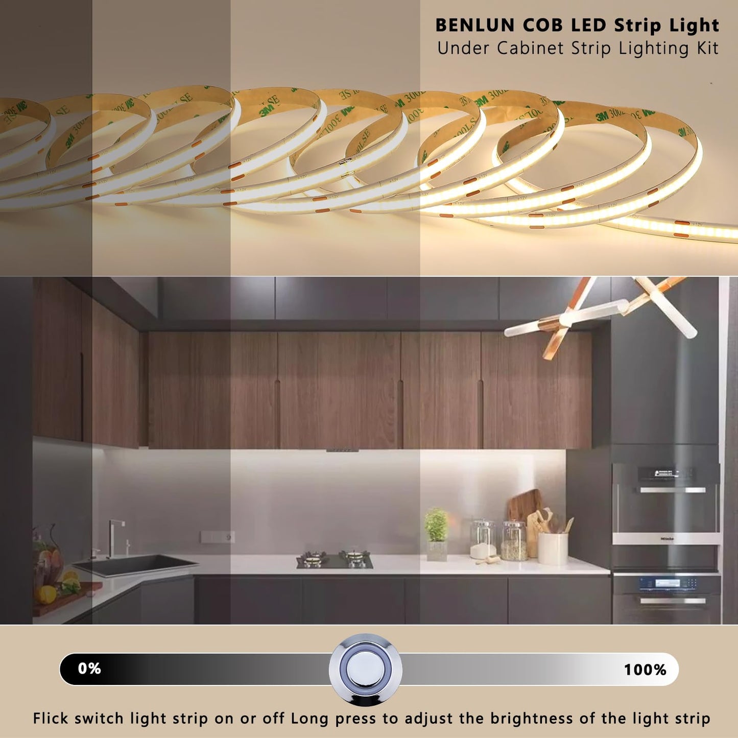 BENLUN 12V COB LED Under Cabinet Strip Lighting Kit 32.8ft, 4000K Natural White Cuttable LED Tape Lights 8W/M CRI 93 320LEDs/M with Dimmer and Power