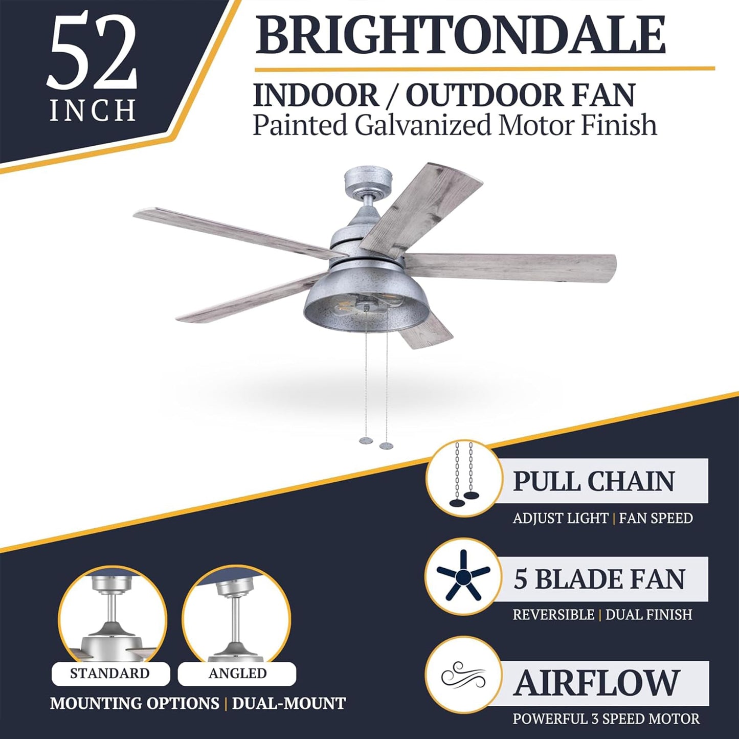 Prominence Home Brightondale 52 Inch Industrial Indoor/Outdoor Ceiling Fan with Light, Pull Chain Control, 5 Dual Finish Blades, Galvanized