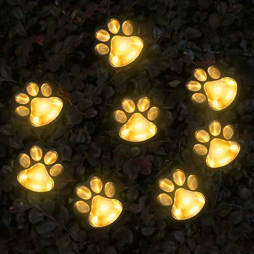 AIDDOMM 16.8ft Solar Paw Print Lights, Cat Dog Animal Solar String Lights (Set of 8) Outdoor Decoration, Warm Up Your Pet and Make The Garden More