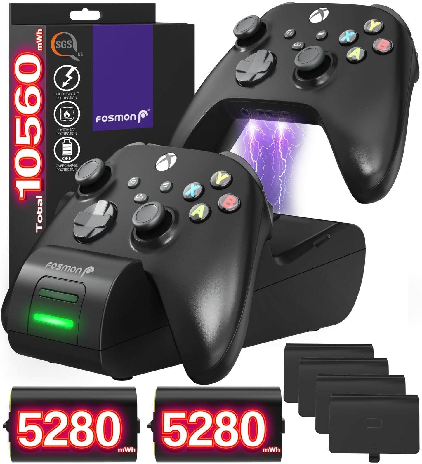 Fosmon Fast Charging for Xbox Controller Charger Station for Xbox Series X | S, Xbox One, Elite, Core w/ 2X 5280mWh Rechargeable Battery Packs, 4