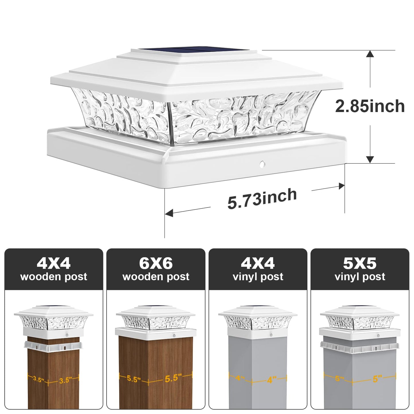 Solar Post Cap Lights Outdoor 6pack, Waterproof Solar Powered Deck Fence Post Lights Fit 4x4/5x5/6x6 Wood/Vinyl Posts, White Vinyl Fence Post lights
