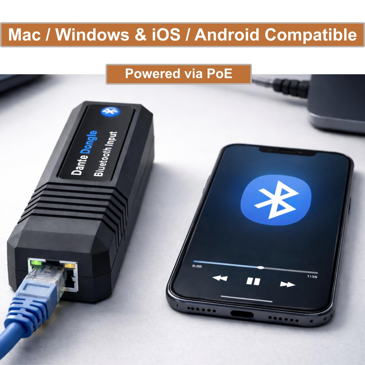 J-Tech Digital Digital Dongle Adapter 2x1 with Bluetooth and PoE, Input/Output IO Dante Adapter Supports 2x1 Channel Signal Transmission