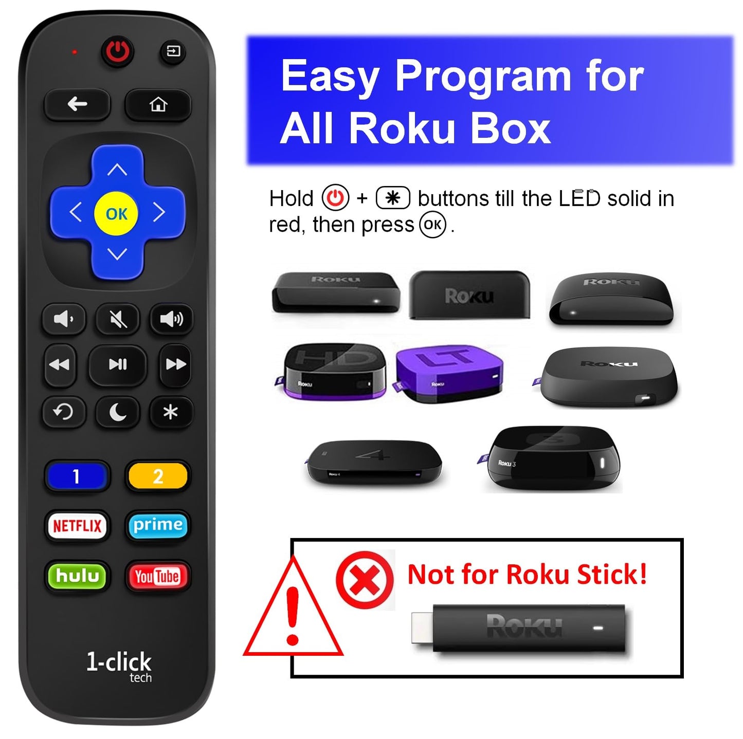 1-clicktech for Roku Remote 2-in-1 for Roku-TV and Roku Box, Compatible for TCL Hisense ONN Sanyo Sharp Hitachi Element Insignia LG Magnavox Roku TV