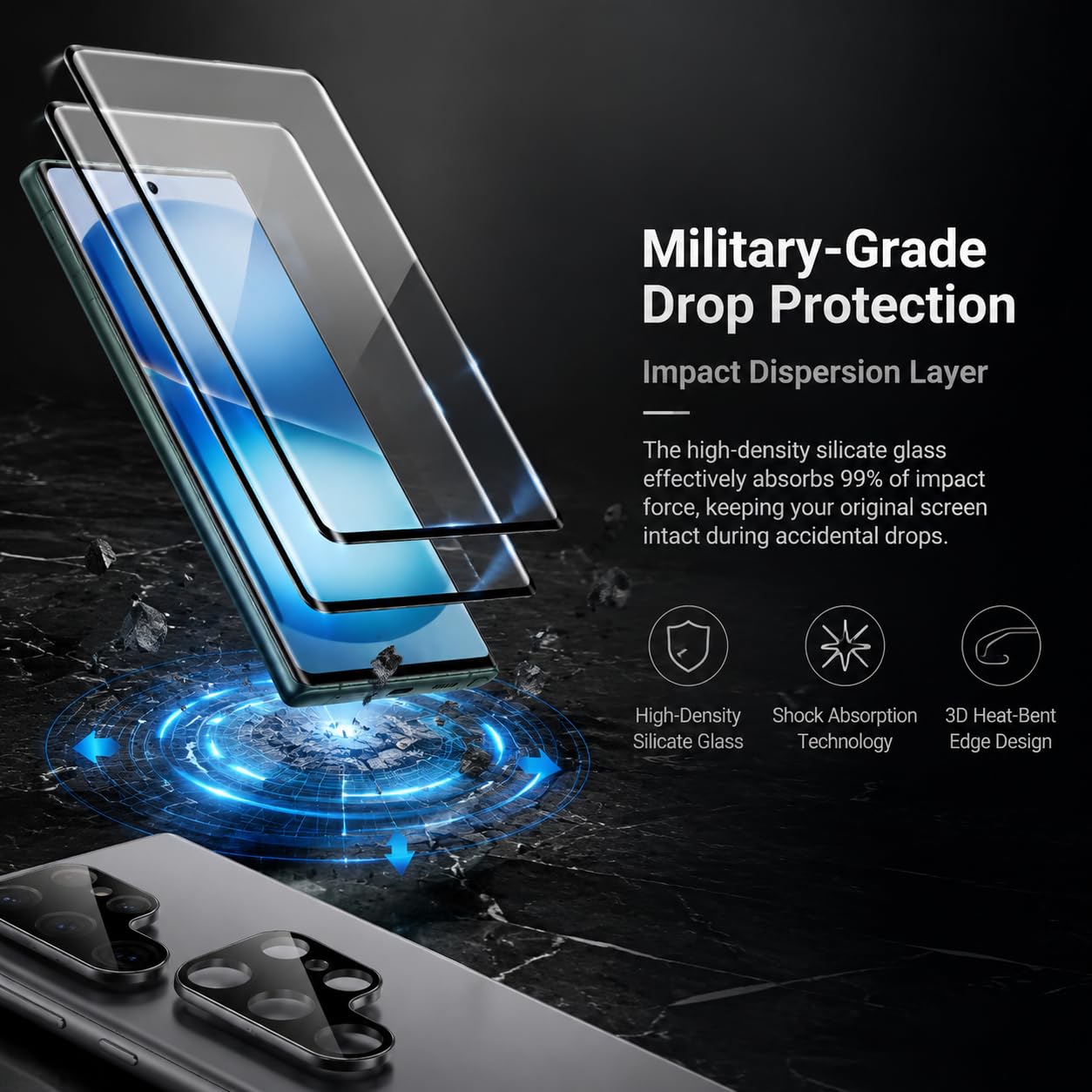 2 Pack Galaxy S23 Ultra Screen Protector, HD Clear Tempered Glass,2 Pack Camera Lens Protector, Fingerprint Unlock,3D Curved Full Coverage,Scratch