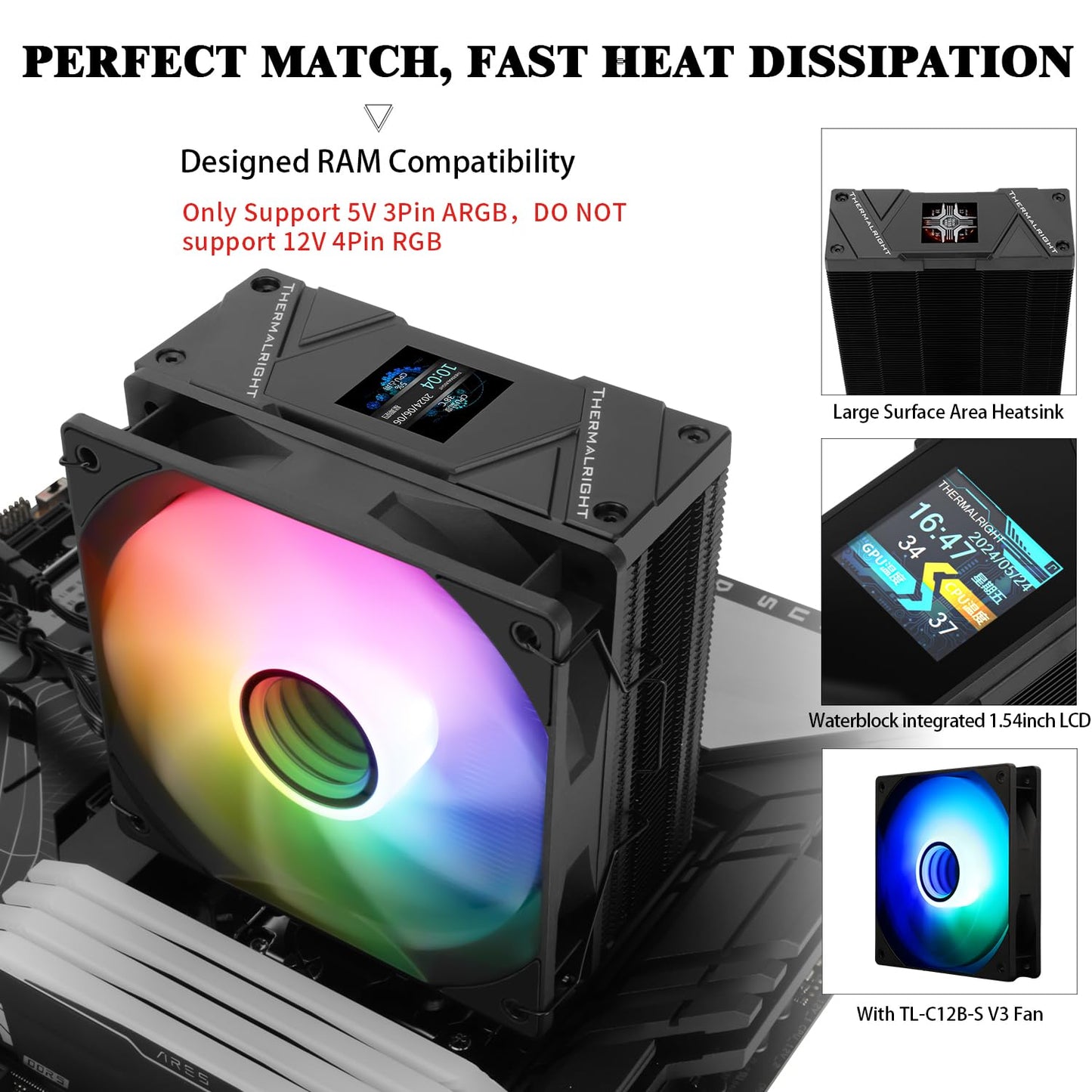 Thermalright Assassin Spirit 120 Vision ARGB Black, with Black Top Cover, CPU Air Cooler, PC Cooling,240 * 240 Resolving Power IPS LCD
