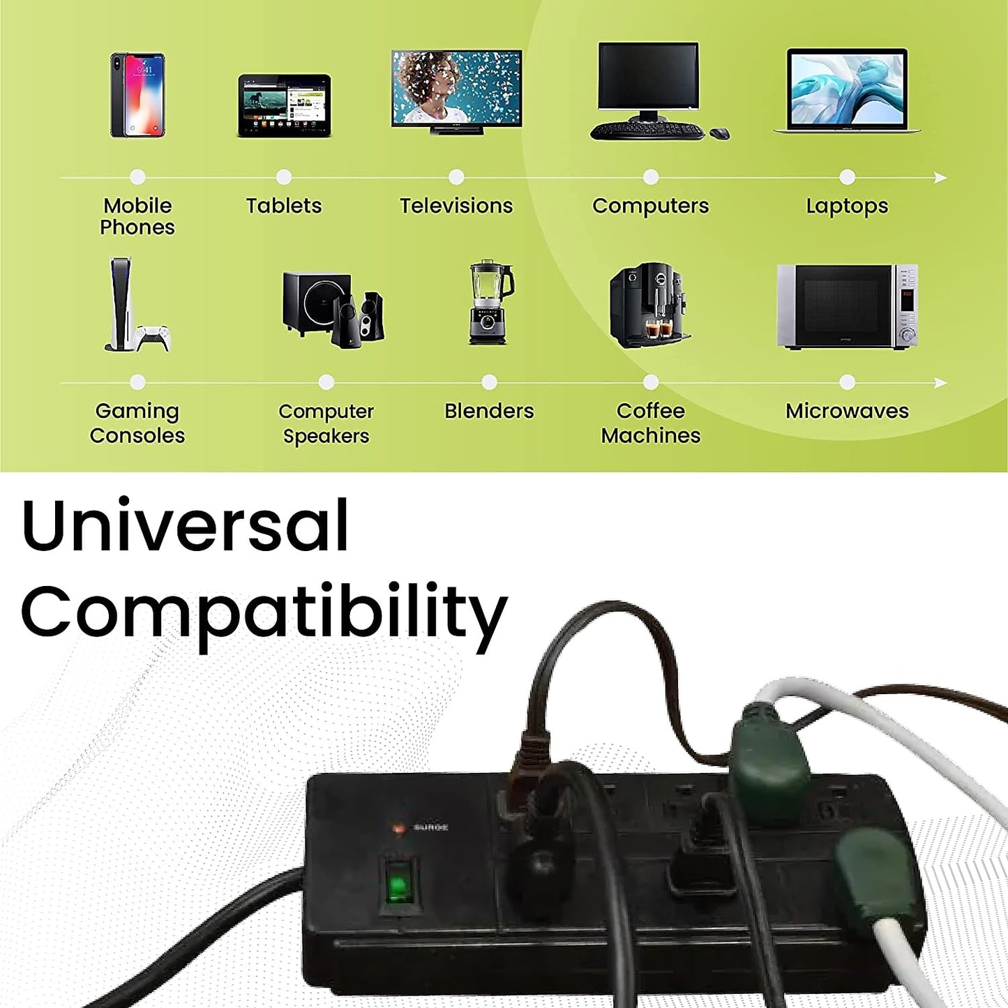 Power by GoGreen 8 Outlet Surge Protector, 6' Cord, Black (GG-18316BK)