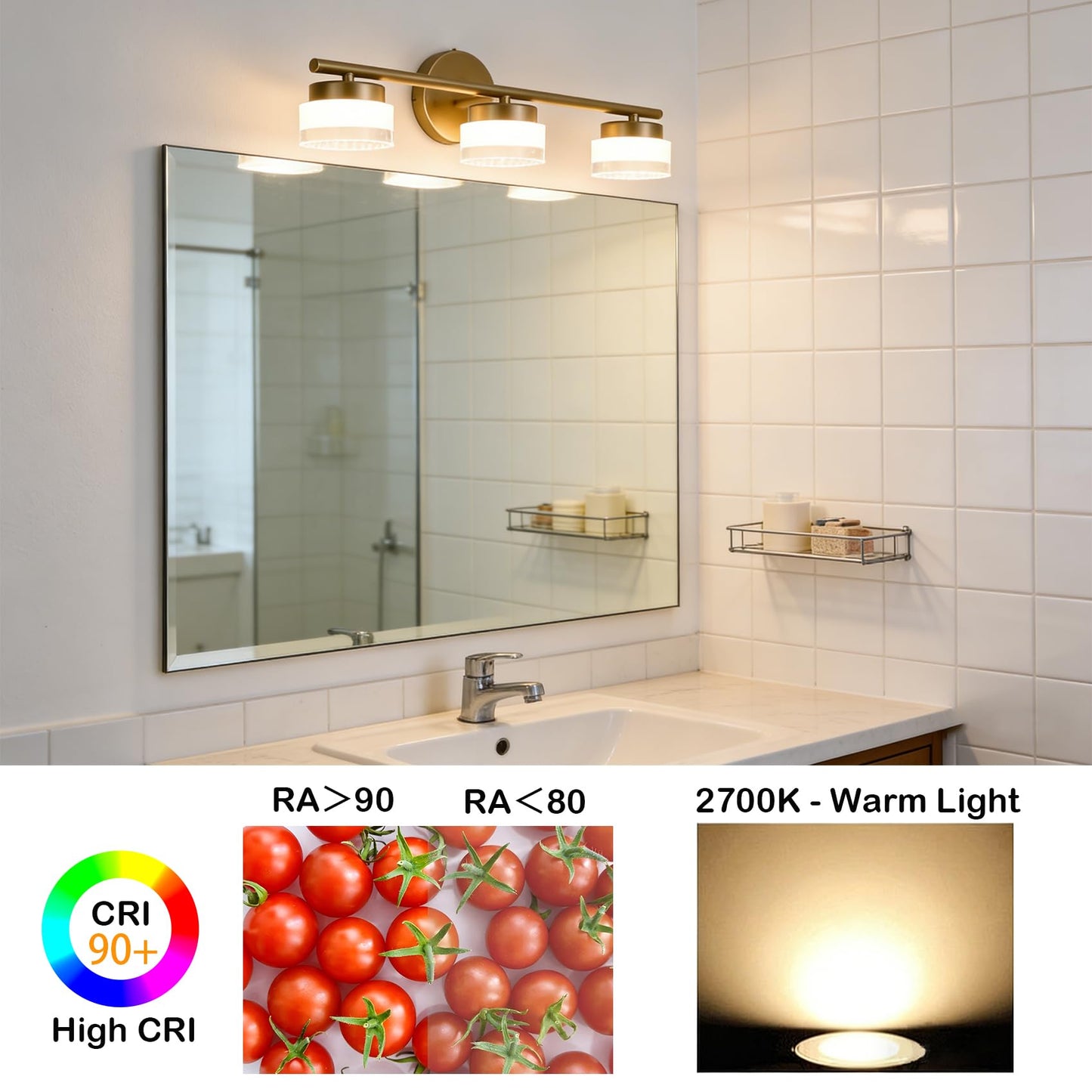 DAYCENT 3-Light Gold LED Bathroom Vanity Light Fixtures 21-Inch Modern Acrylic Bathroom Wall Lighting Over Mirror Wall Sconces, 2700K - Warm White
