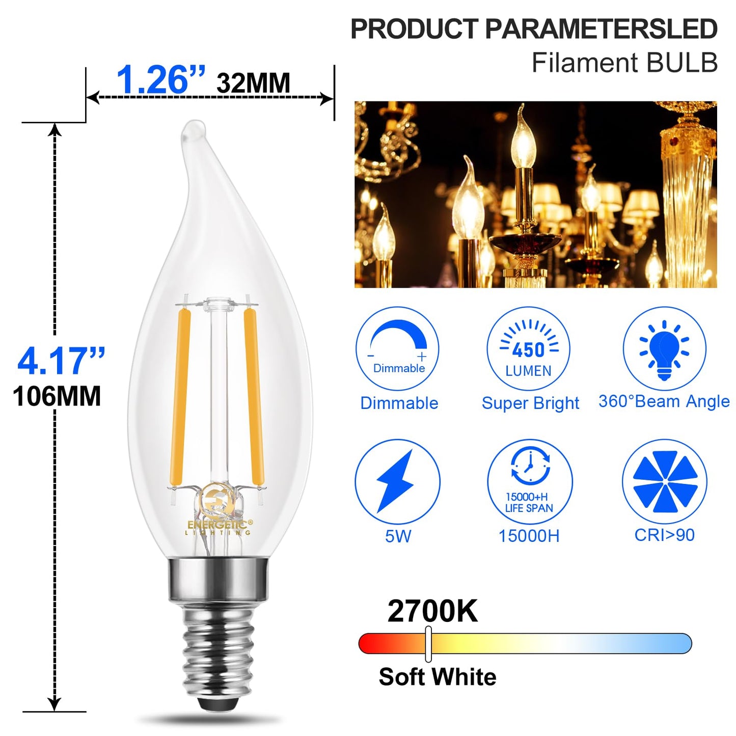 Energetic 90+ CRI LED Candelabra Light Bulb 60W Equivalent E12 LED Bulb Dimmable 2700K Soft White, Chandelier Light Bulbs, 5W 450LM Flame Tip CA10