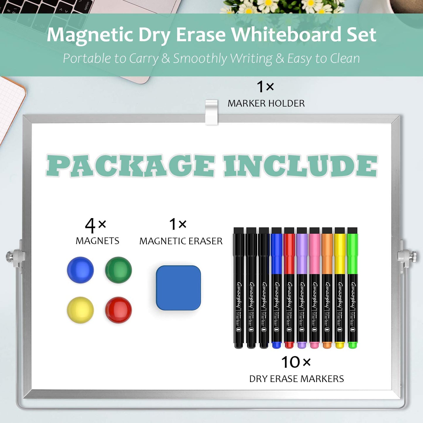 Double-Sided Magnetic Dry Erase White Board with Stand, 16x12 Inches