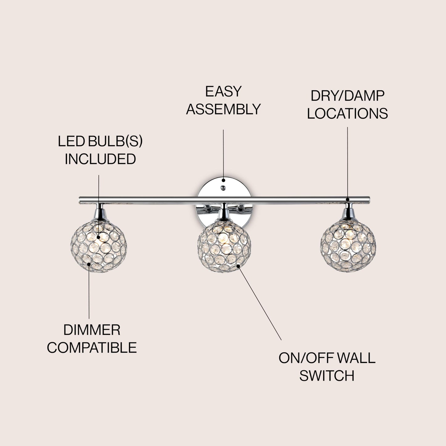 JONATHAN Y 23" Chrome Maeve Modern Glam LED Vanity Light Sconce for Bathroom, Clear Crystal Globe Shade, Art Deco Wall Light for Hallway Entryway