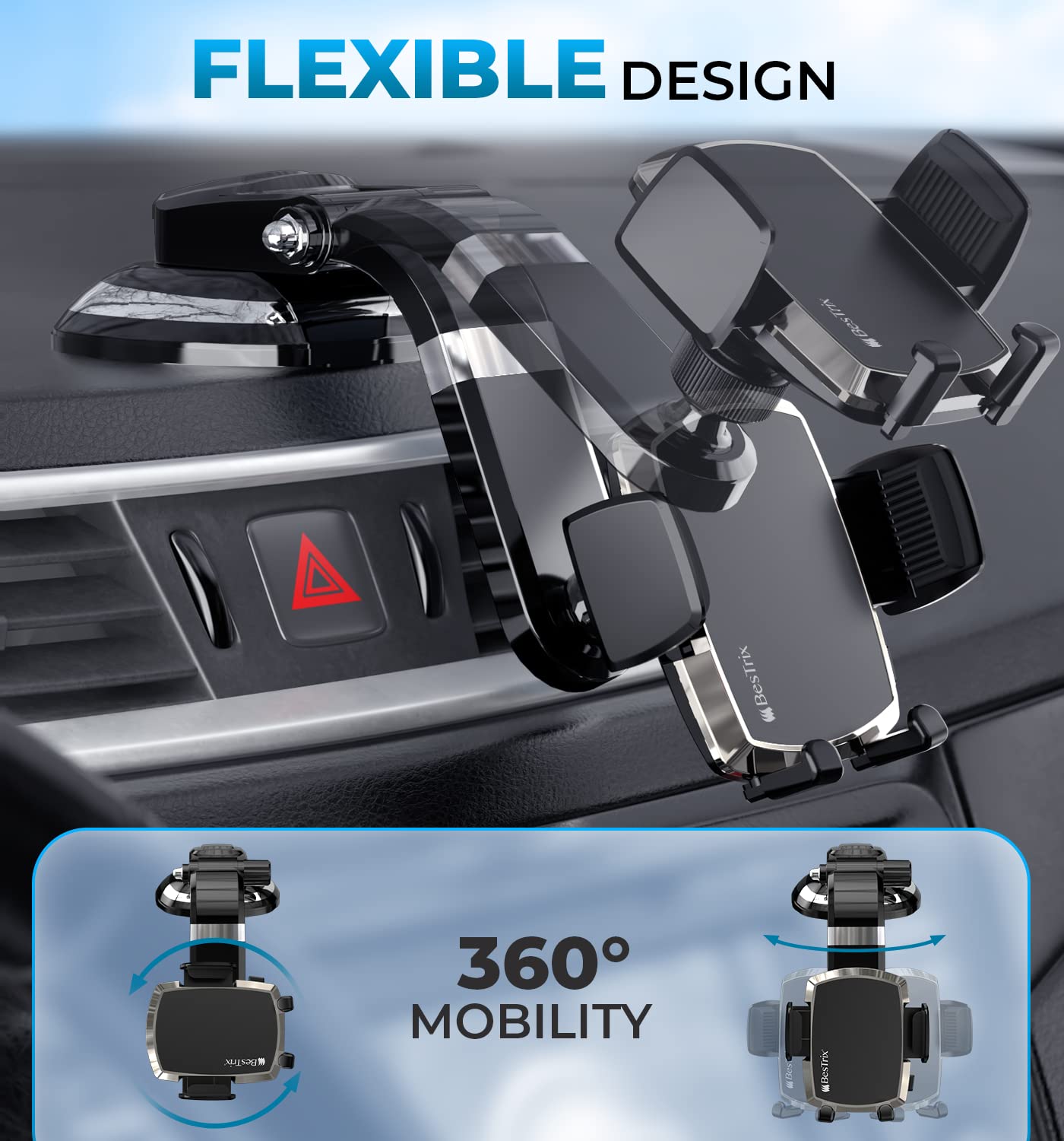 Bestrix SmartClamp Car Phone Mount | Dashboard Cell Phone Car Phone Holder Compatible with iPhone 13 12 11 Pro, Xr, Xs, XS MAX,XR,X, Galaxy S20 Note