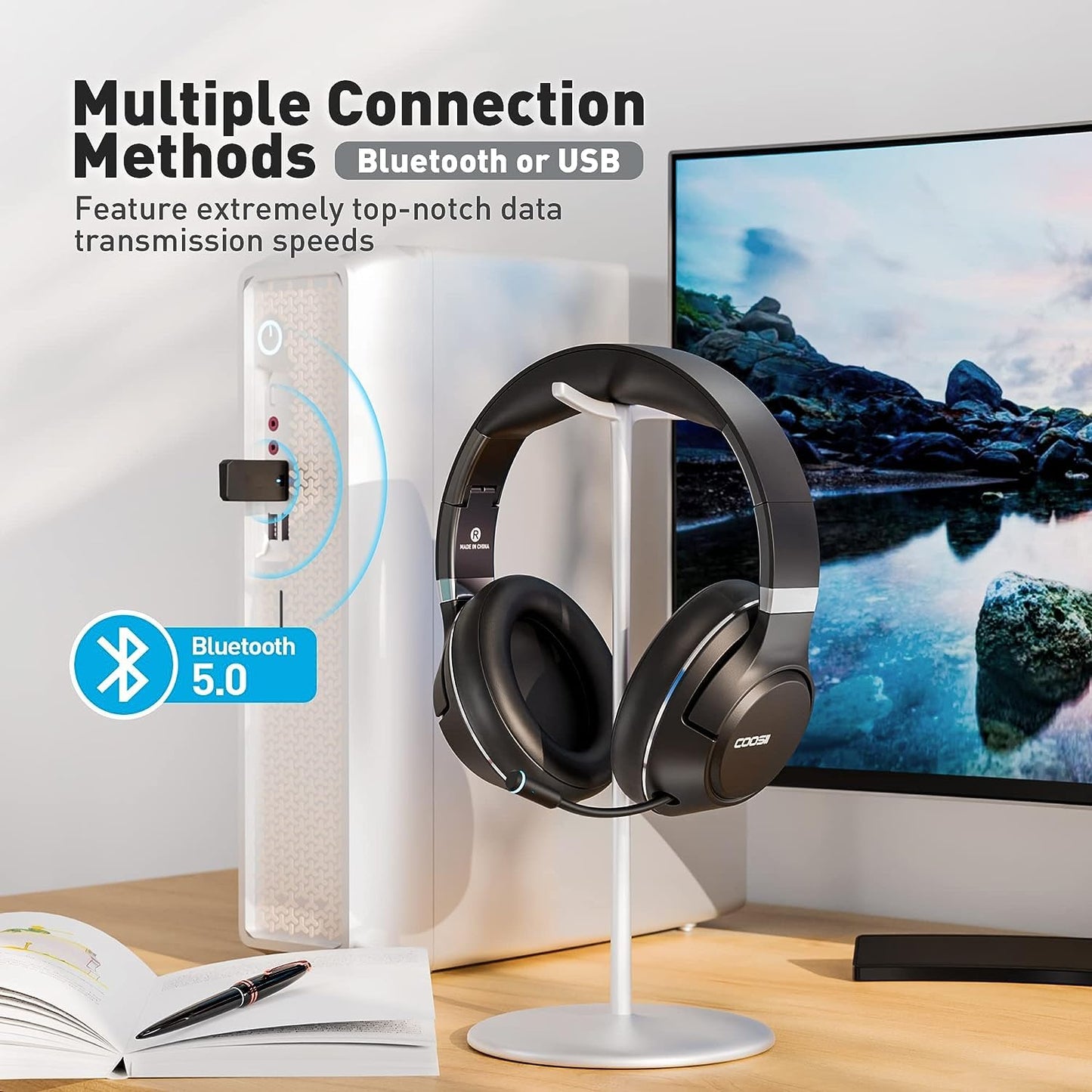 COOSII H300 Wireless Headphones Bluetooth with Microphone, Over Ear Headsets with USB Dongle & Mute, Environmental Noise Cancelling Retractable Mic…