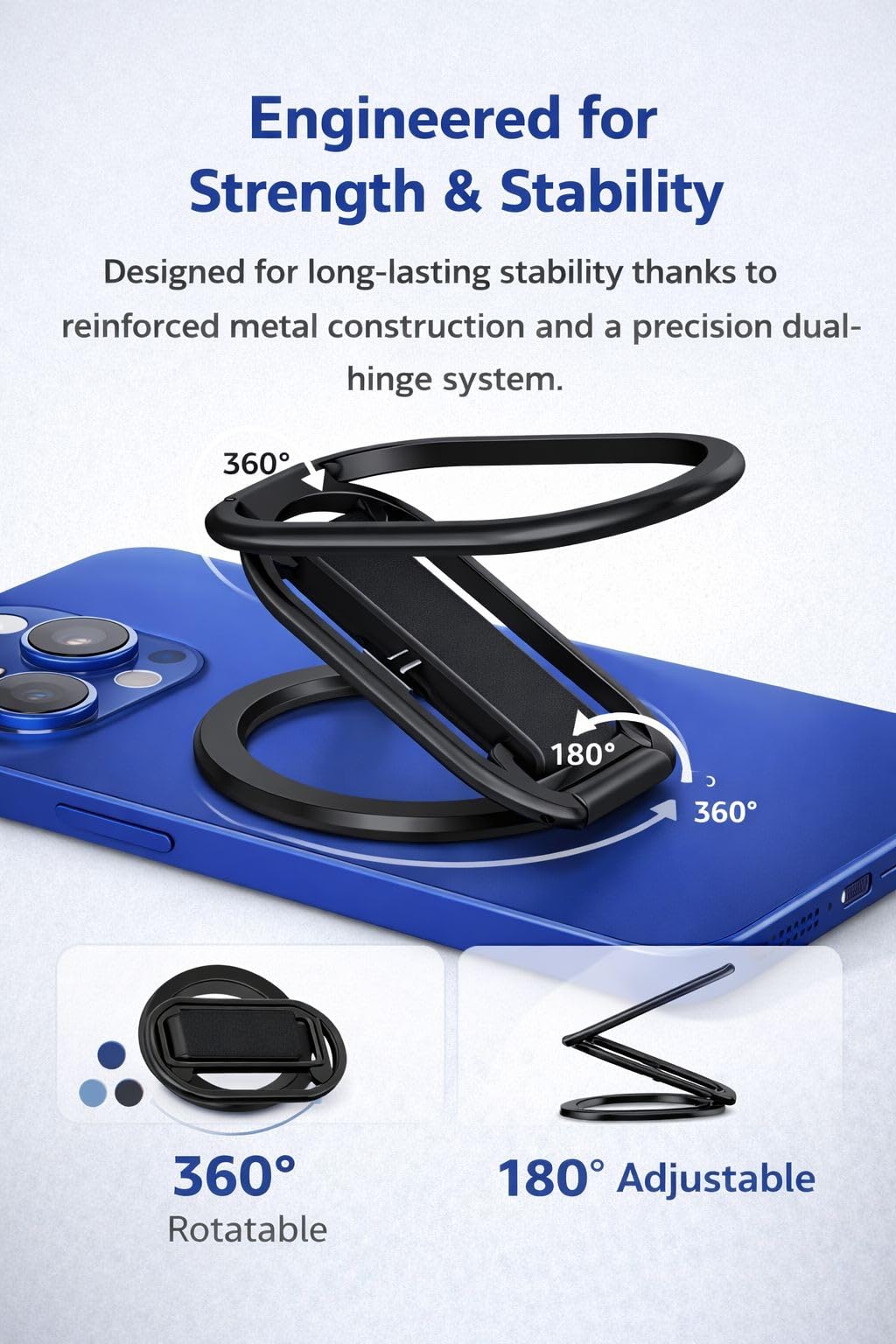 Rnta MagSafe Phone Grip Stand - 3 in 1Strong Magnetic Metal Kickstand & Finger Strap Holder for iPhone 17-12 Series