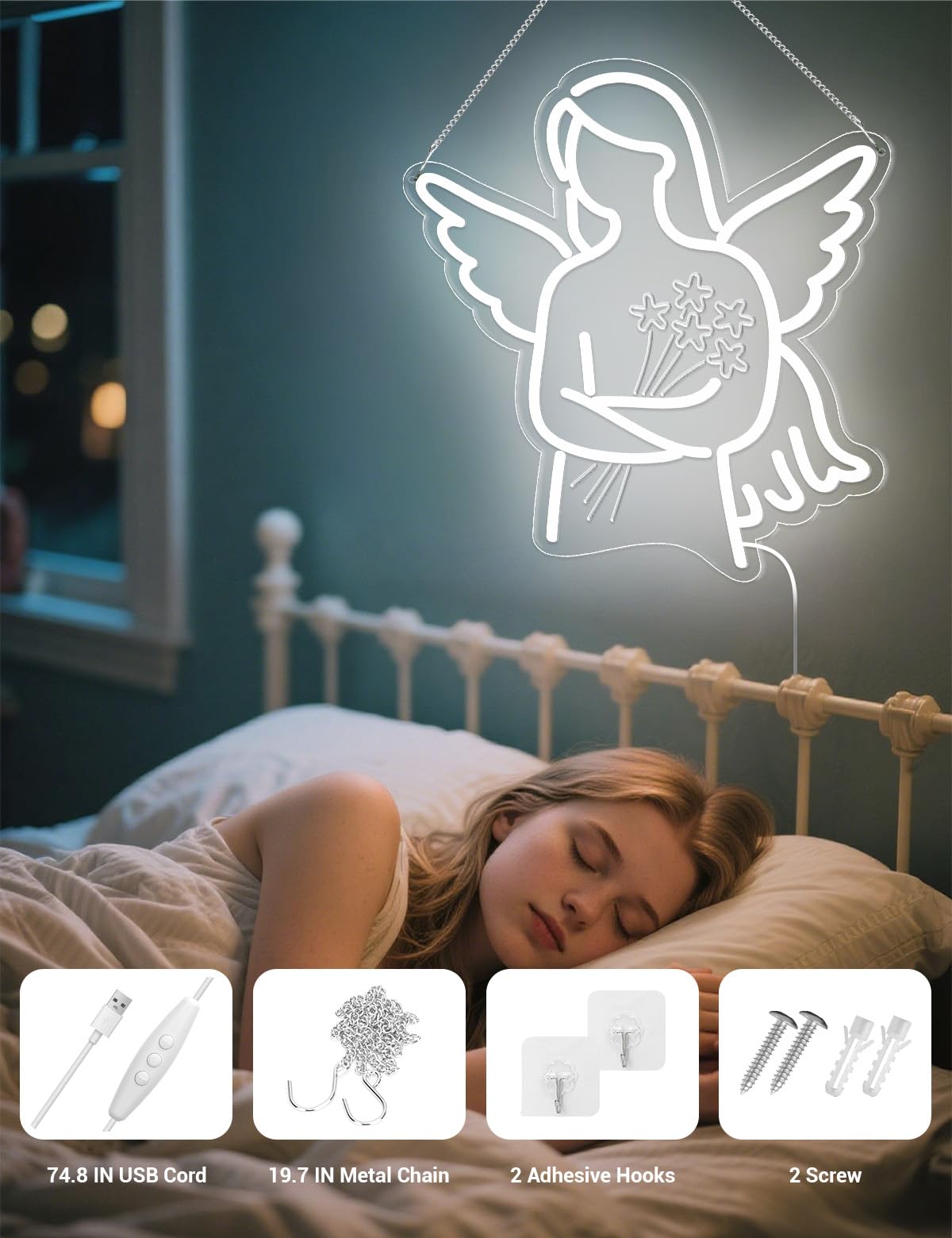 Angel Neon Sign for Wall Decor, White LED Neon Light Signs for First Time Grandma Mother's Day Gifts, Retired Gifts for Coworkers Friends (White